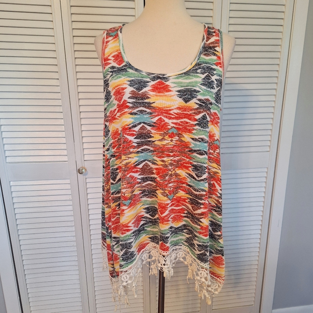 New Directions Multicolor Tank Top with Crochet Fringe Sharkbite Hem LG *D1 - Picture 1 of 4